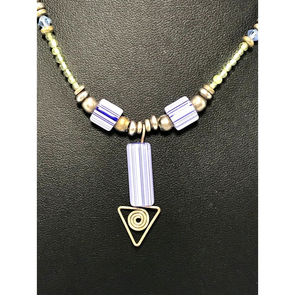 Handmade Necklace Furnace Cane Beads Gold & Silver Tone Metal Seed Beads Crystal